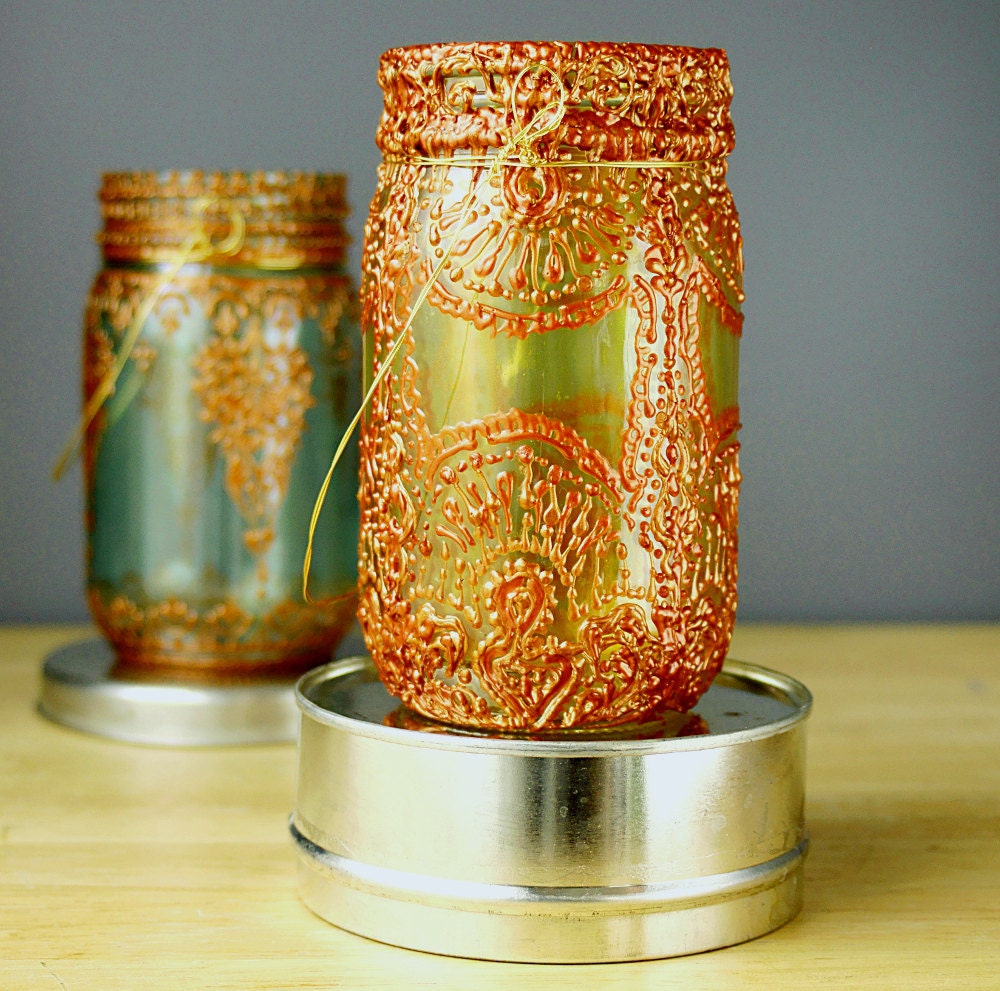 Hand Painted Mason Jar Lantern, With Copper and Gold Accents