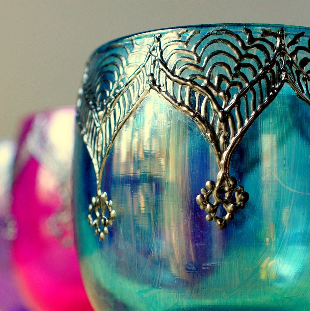 Moroccan Votive Holder with Peacock Blue Glass and Gunmetal Accents