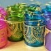 Set of Four Moroccan Lantern Votive Holders- In Fuschia, Purple, Turquoise, and Green Glass with Golden Details