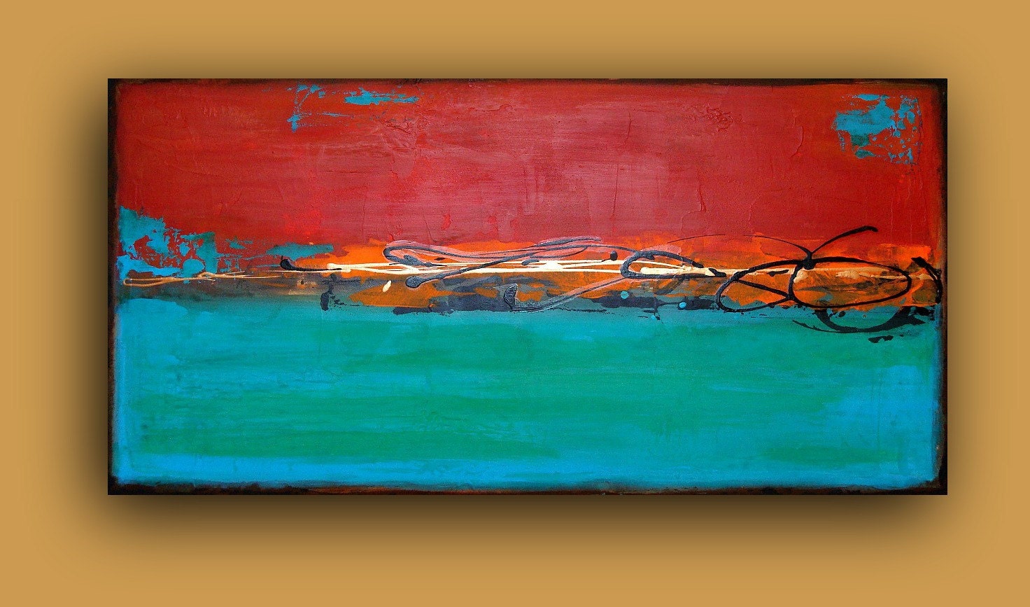 Turquoise and Red Abstract Acrylic Painting URBAN II. 24x48x3/4". Ora Birenbaum Original Abstract Painting.