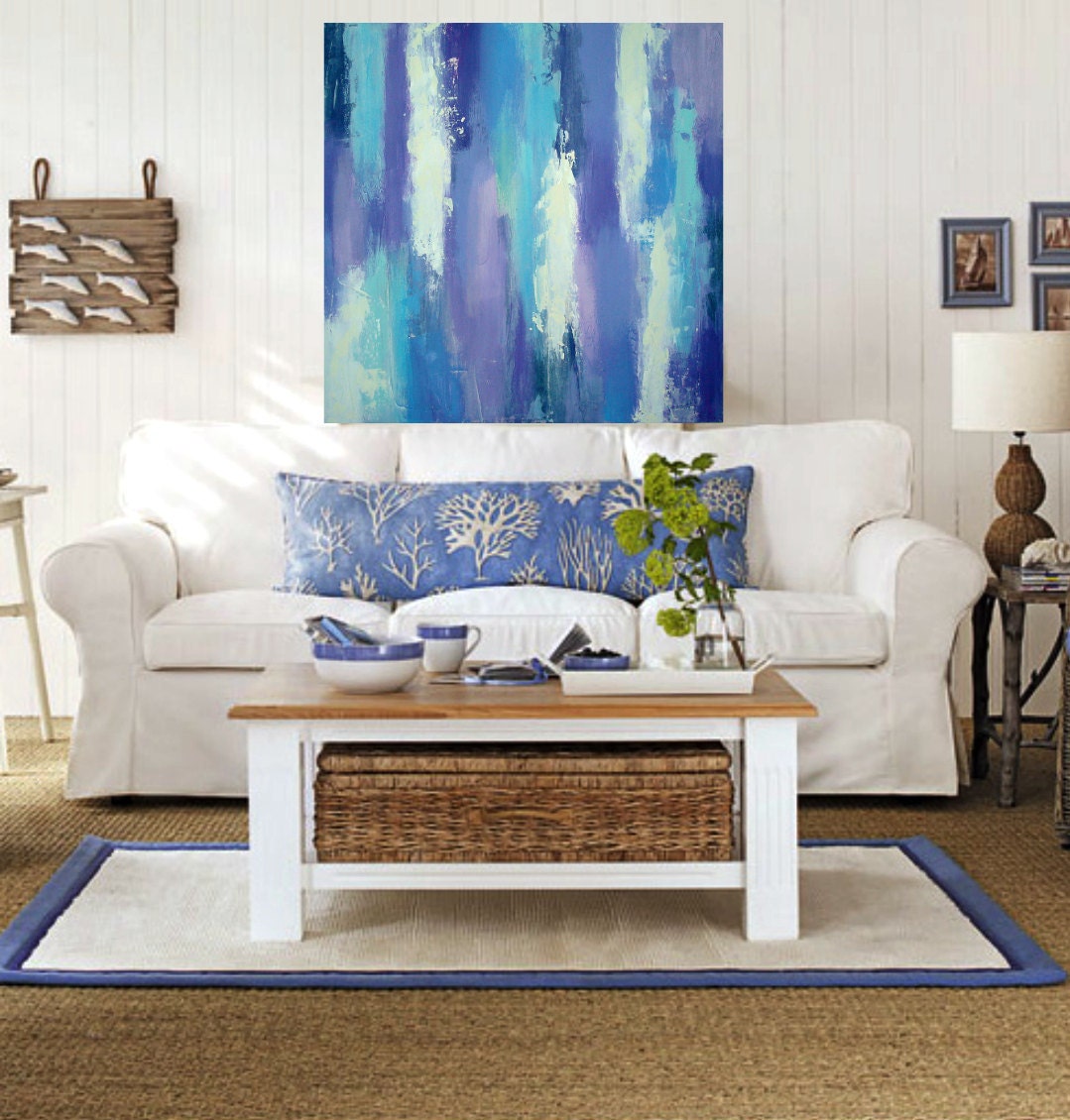Modern Blue and Purple Original Fine Art Acrylic Abstract Painting Titled: MOODY BLUES 30x30x1.5" by Ora Birenbaum