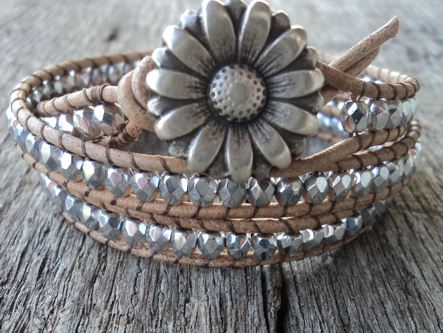 Leather Wrap Bracelet, 3x Wrap Bracelet Silver Glass beads, Wrap bracelet, boho glam, boho chic, country western bling, rustic bohemian