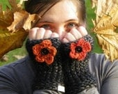 Black Fingerless Gloves, Black and Orange Fingerless Mittens, mitts knitted on loom, MADE TO ORDER