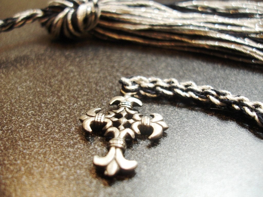 Black White and Silver Crochet Book Thong with Ornate Fleur-de-Lis Style Cross Pewter Charm