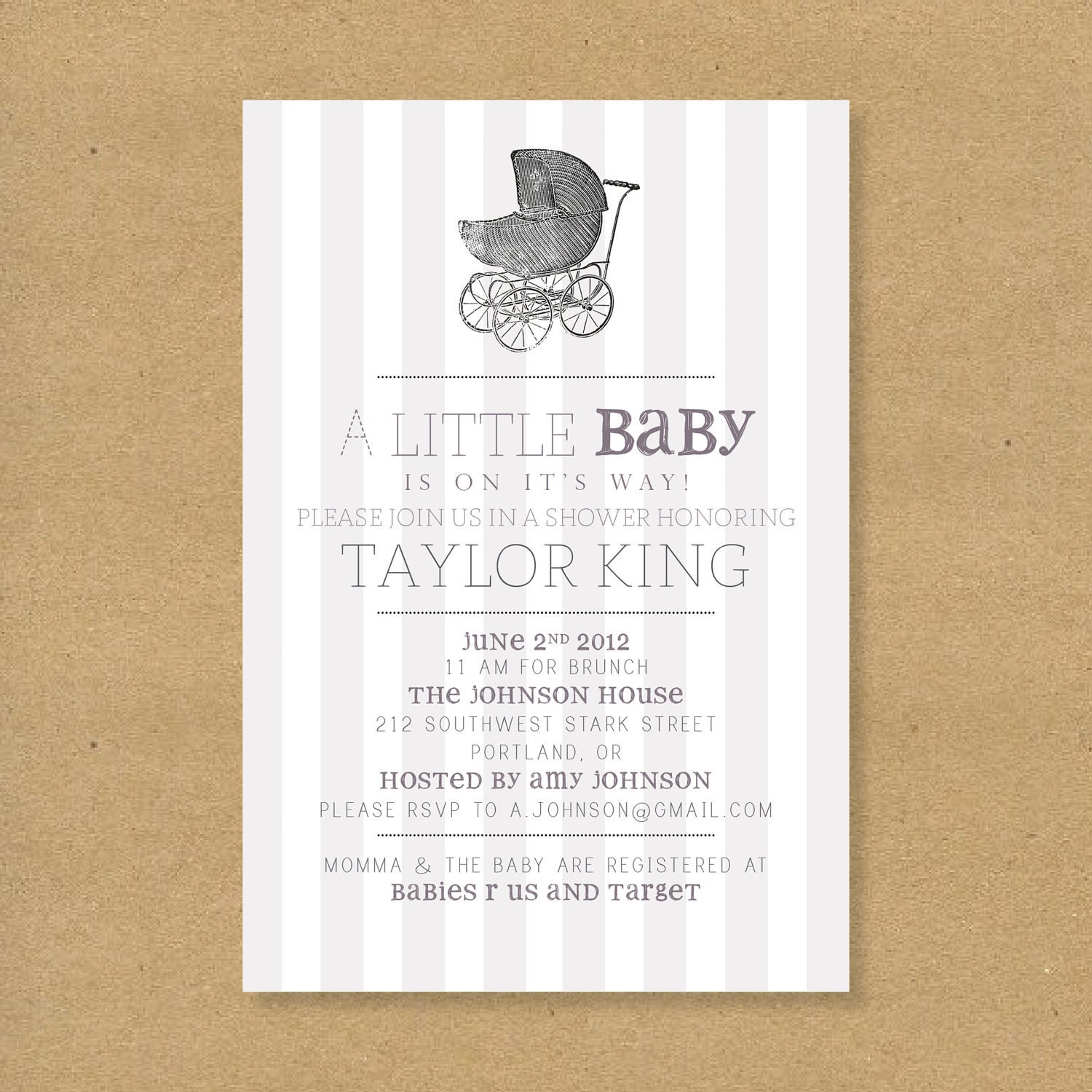Baby Shower Invitation -- Vintage Baby Carriage - Boy Girl or Gender Neutral