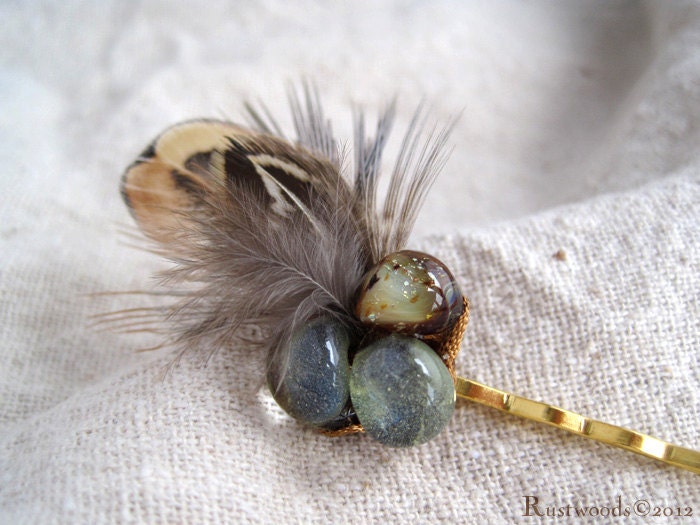 Fairy Glass Egg & Feathers Hair Pin (h016)