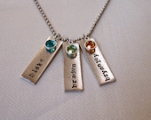 Personalized hand stamped antiqued metal 3 rectangle mothers necklace with birthstones names
