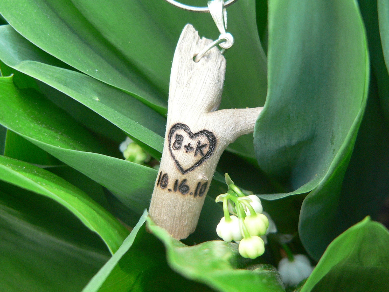 Custom carved tree heart and initials driftwood pendant with branch and silver finding
