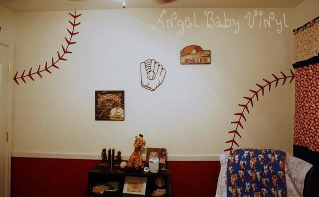 Nursery Baseball Decal Baseball Decor Red and Black Four baseball stitch lines