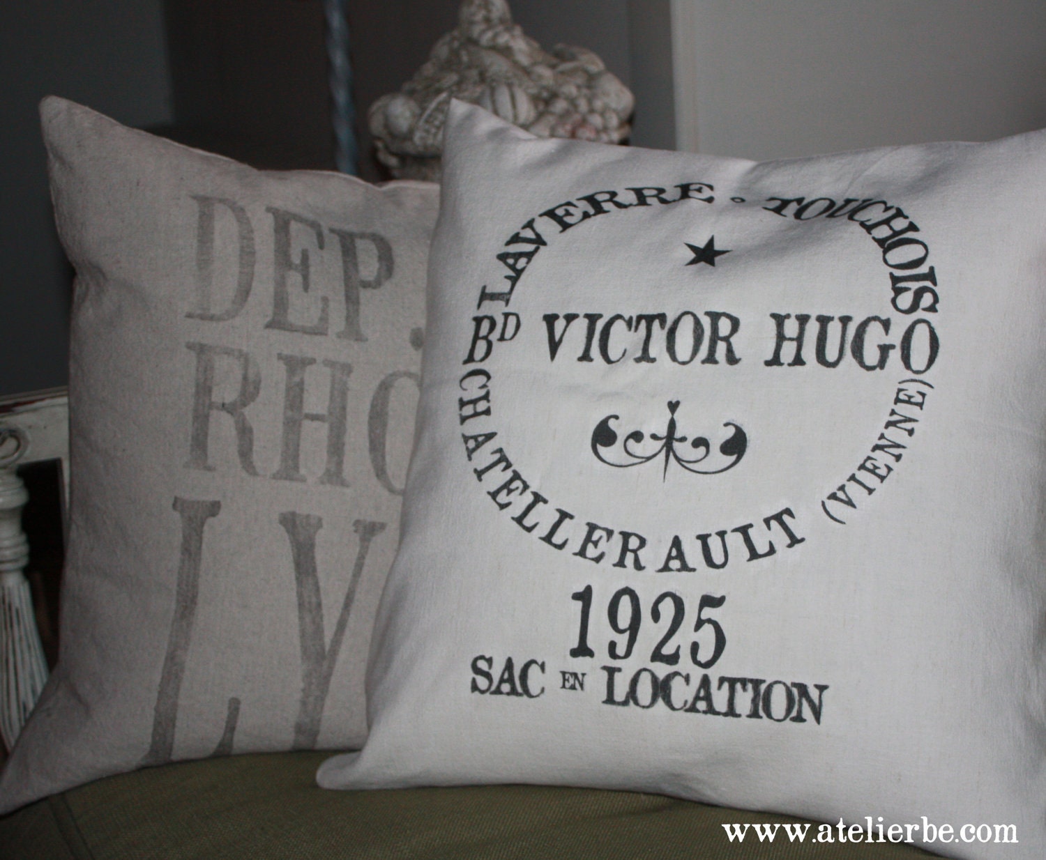French Country  Vintage Linen Grain Sack Pillow - Bd. Victor Hugo