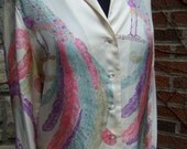 SALE 1960s Peacock Pastel Opulent Silk Design Blouse Made in Italy