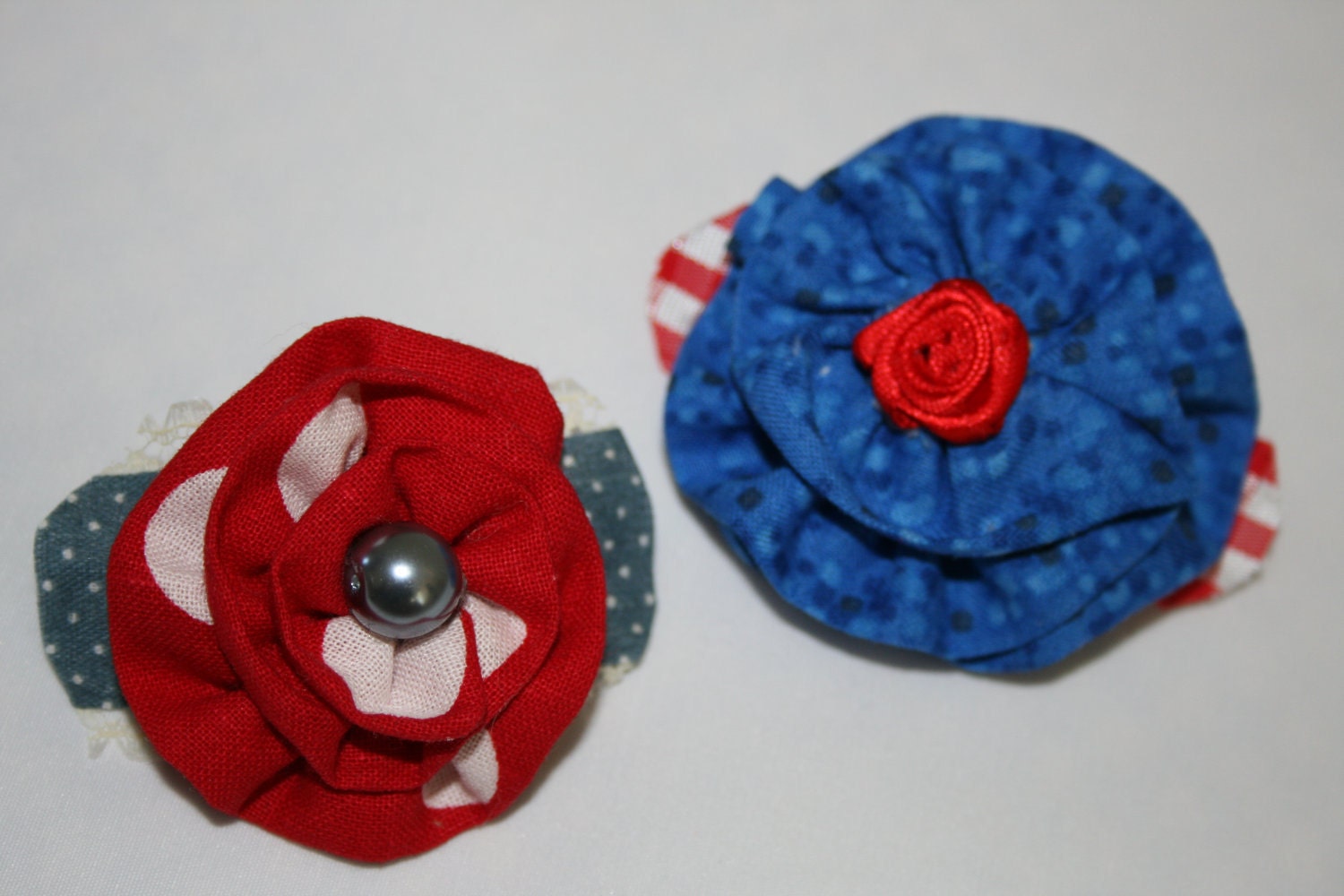 French Style fabric flower hair barrettes oozing with European flair- red, white, blue cute ponytails, hair clips