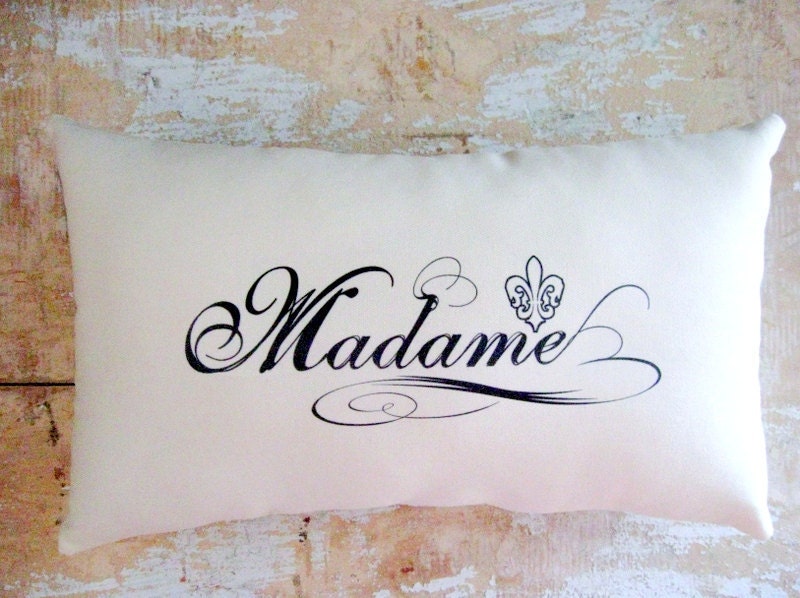 Madame Pillow, Fleur de Lis, French Script, French Country Home, Cottage Decor, French Decor, Home Decor, Decorative Pillow, Housewares