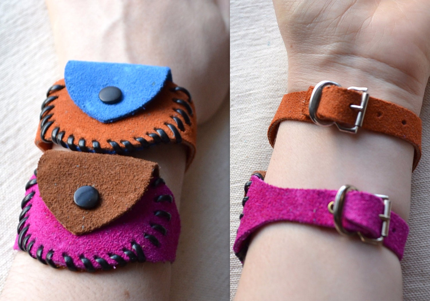 Vintage Leather 20% SALE Wrist Bracelet Coin Purse. Choose Blue or Magenta Suede w/ Metal Snap Hand Assembled. Eco Friendly Shipping