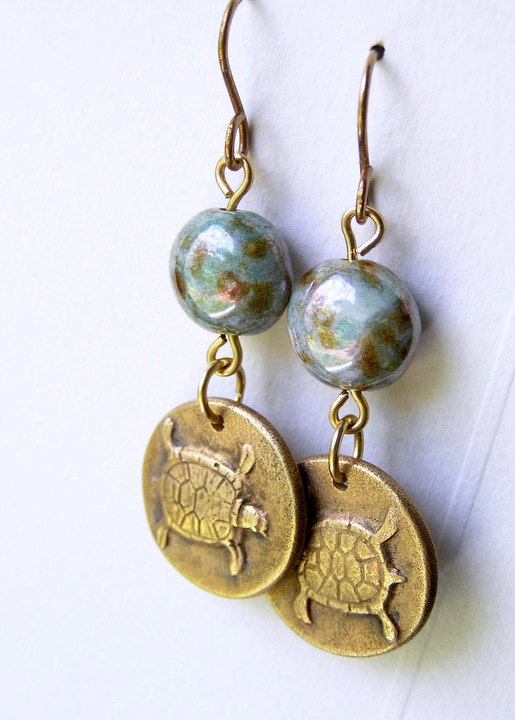 Sea Turtle Earrings Artisan Bronze with Blue Green Czech Glass Beads Beach Jewelry