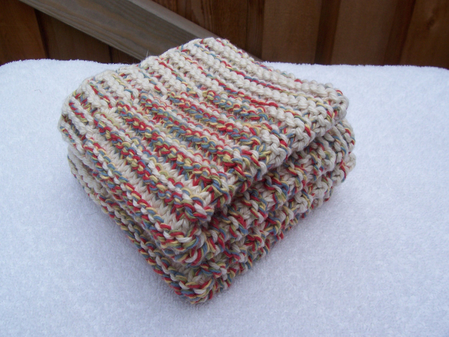 Handknit Cotton Dish Cloth Wash Cloth Heart Motif in Green Red Yellow and Off White Colours