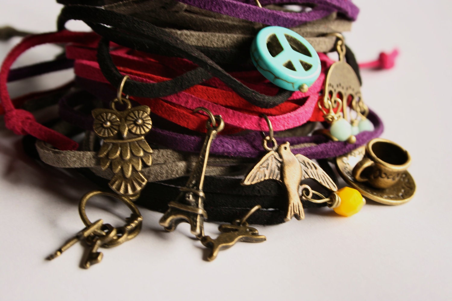 Custom Design Your Own Bracelet, Leather Wrap Bracelet, Charm Bracelet, Suede Bracelet, Colored Bracelet, Suede Wrap Charm Bracelet