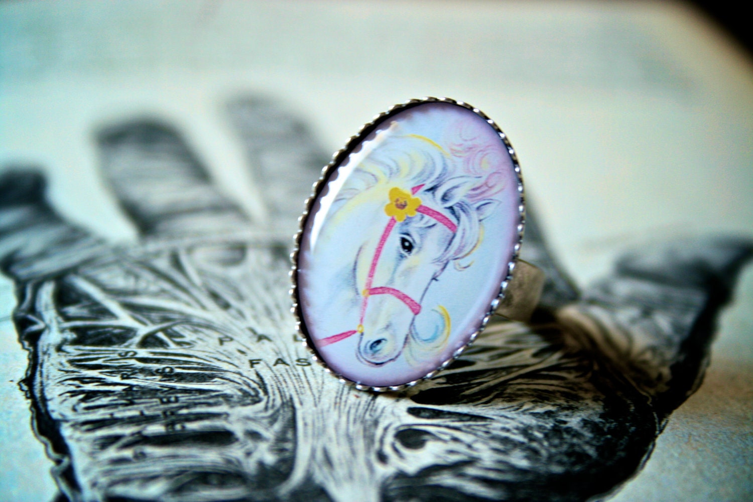 Bridled White Horse with Yellow Flower Adjustable Ring