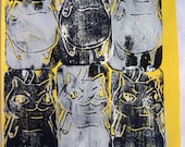 Nico -- Original Cat Art, Fat Gray and Black Kittys on Yellow Background