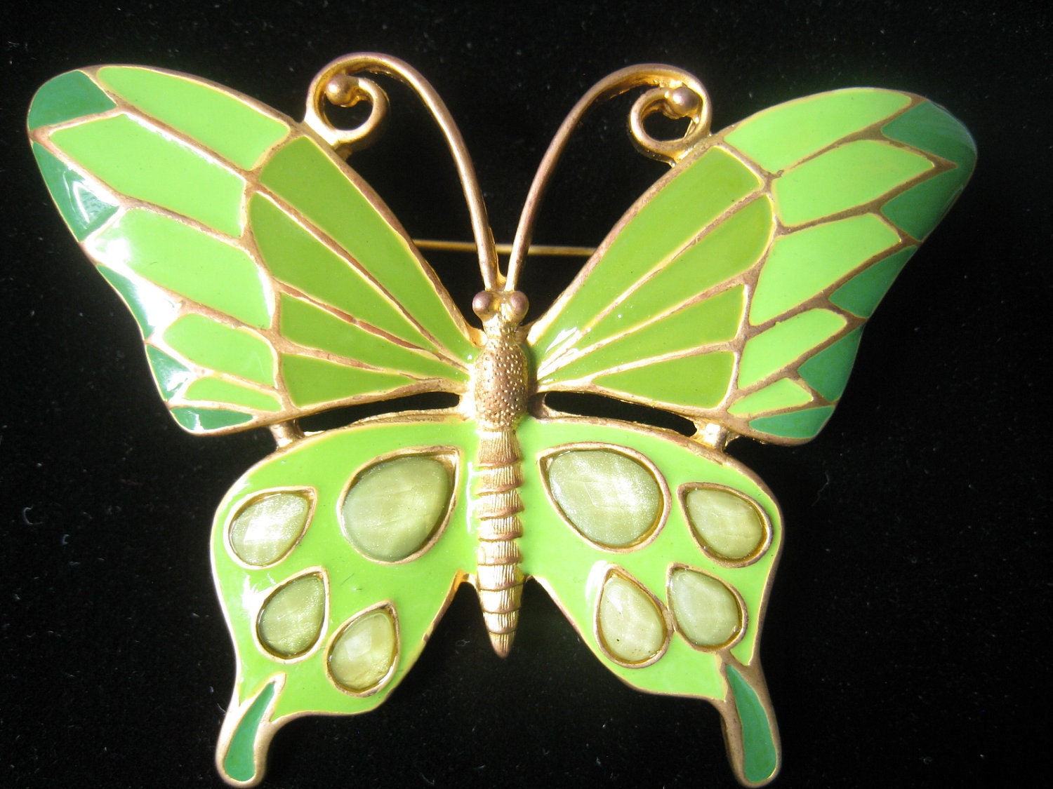 Vintage Butterfly Brooch in 3 Shades of Green with Rhinestone Cabochons from JewelryCapers