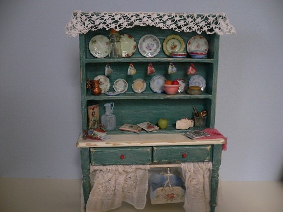One Inch Scale Shabby Chic Dollhouse Miniature Filled Hutch Aqua