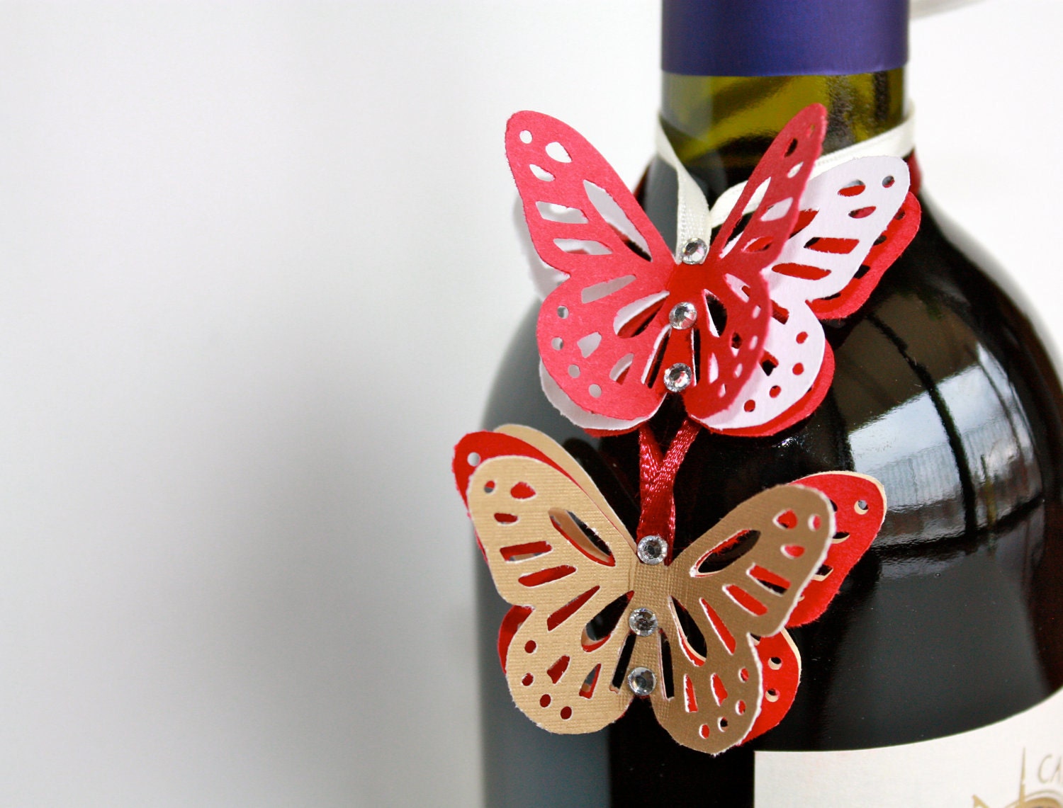 Butterfly centerpiece, bottle decor, Favor Gift Ornament, for Wedding, Christmas, Holiday, Paper on a satin ribbon, with crystals