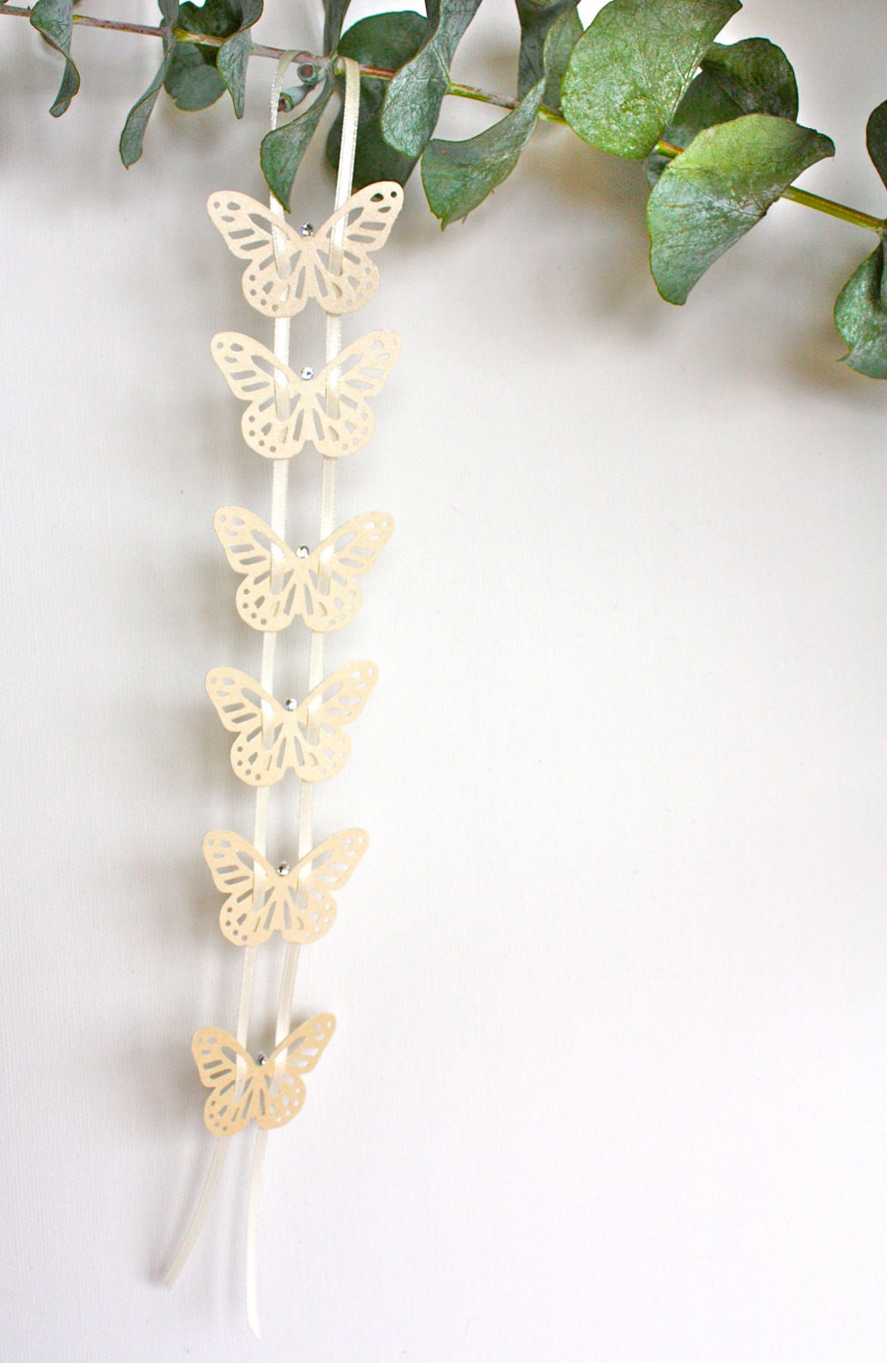 Butterfly Garland Ornament, centerpiece decor for Wedding, Christmas, Holiday, Paper on a satin ribbon, with crystals