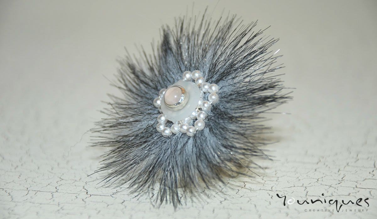 FAUX FUR ADJUSTABLE Sterling Silver Ring - Black-Gray Fur with White Pearl Flower Ring - Interchangeable Ring - Rings