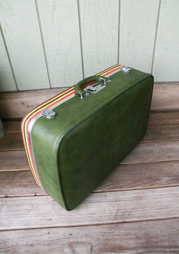 Green Ventura Suitcase With Sporty Red and Yellow Stripes