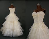 1950s Vintage Emma Domb Wedding Dress, Tiered Lace / Tulle, XS / S