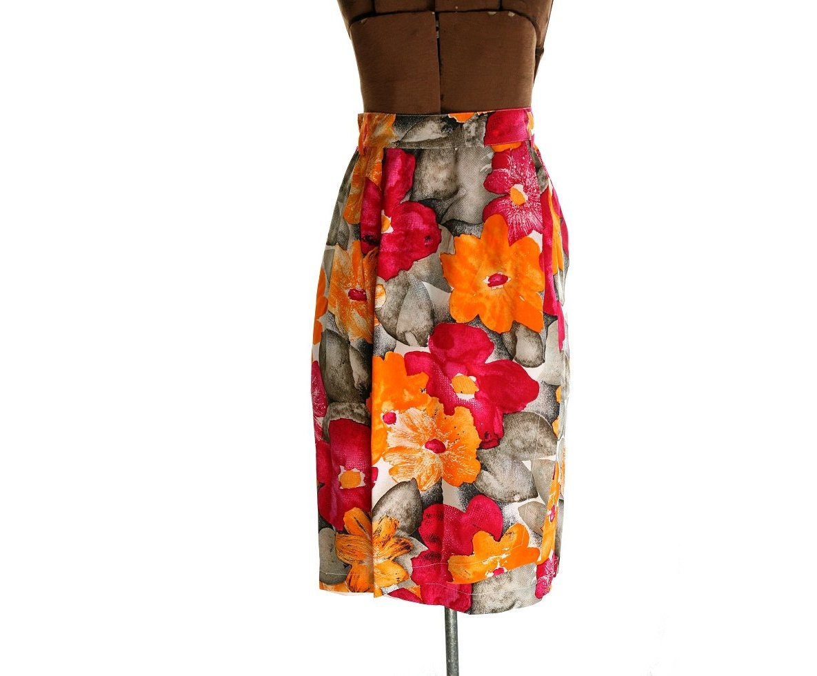 1990s Vintage Floral Silk Pencil Skirt, High Waisted with Pleats, 8 / M