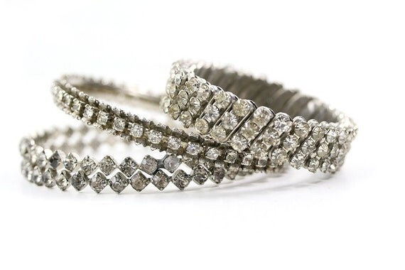 Vintage 1950s / 1960s Rhinestone Bracelets Set, Silver / Clear