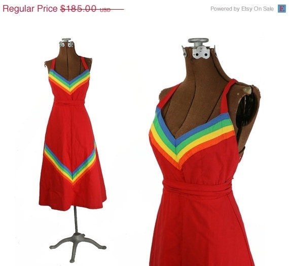 1970s Vintage Cotton Wrap Dress, Red with Rainbow Chevrons, Cotton XS - S