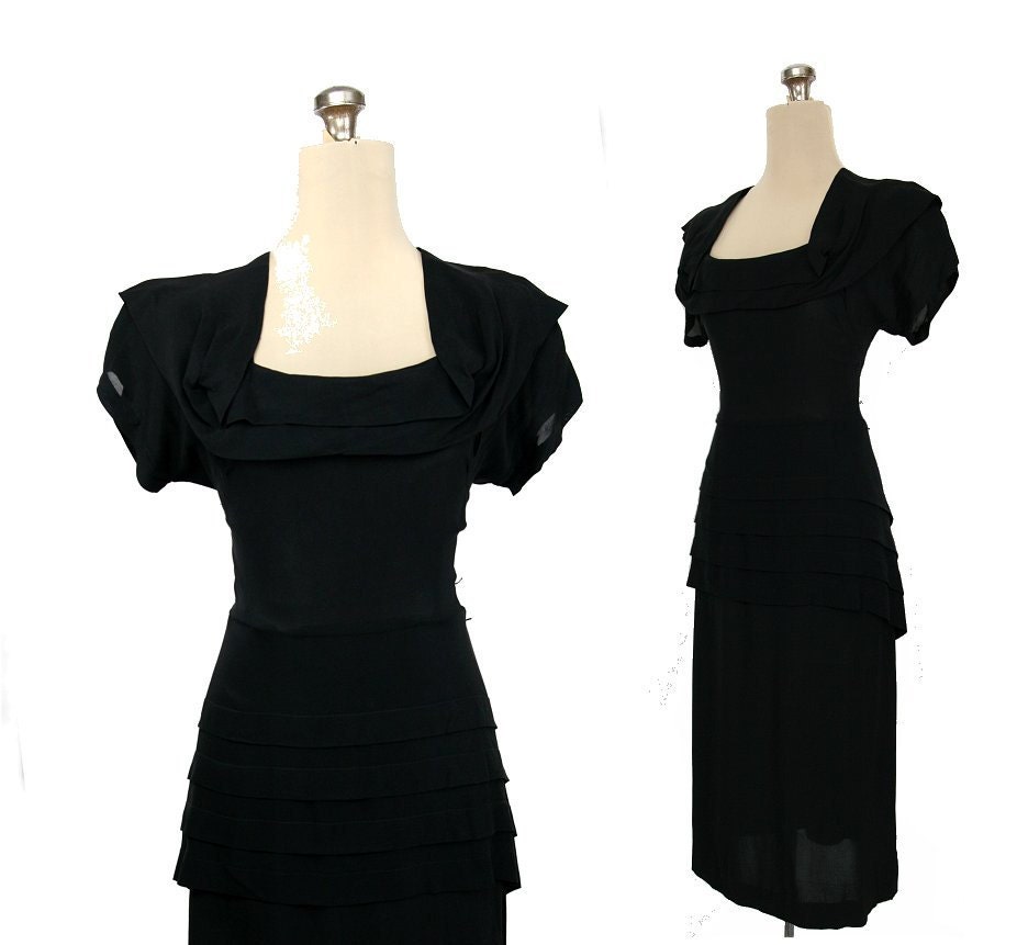 Vintage 1940s Black Dress, Bias Pepum S / M