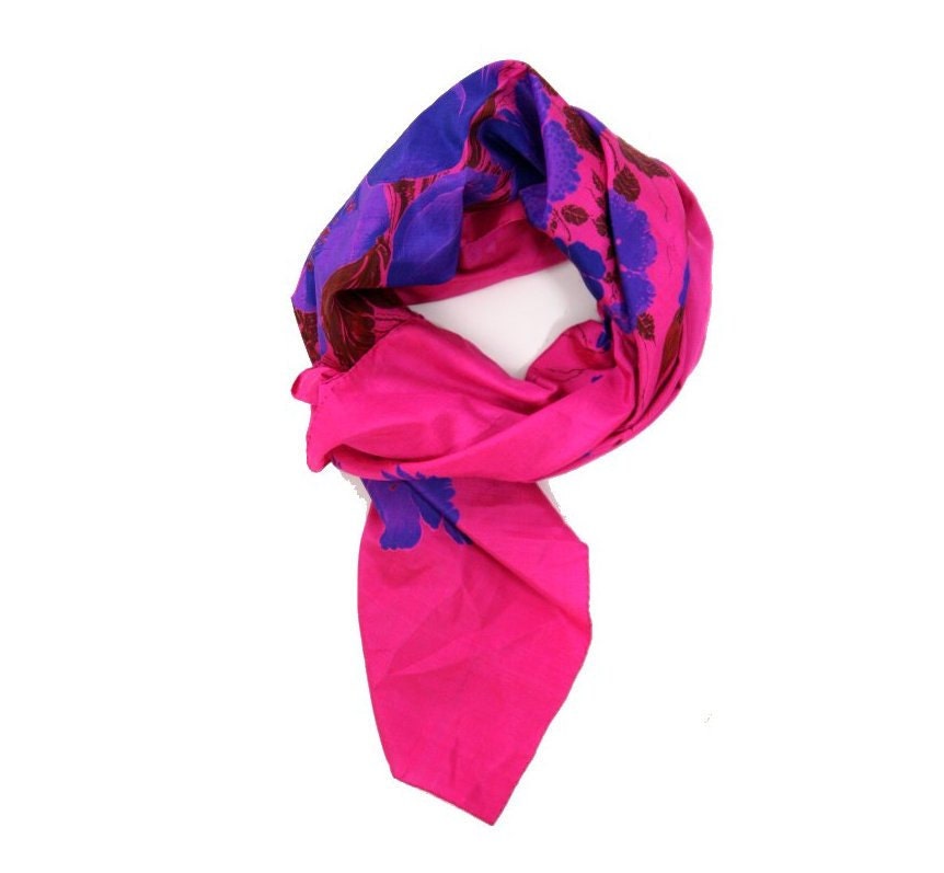 Vintage Floral Silk Square Scarf, Fuchsia Pink and Cobalt Blue