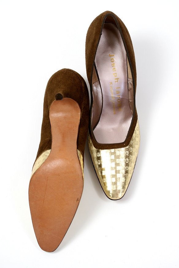 Size 6 N Vintage Joseph LaRose High Heels, Brown Suede / Metallic Gold