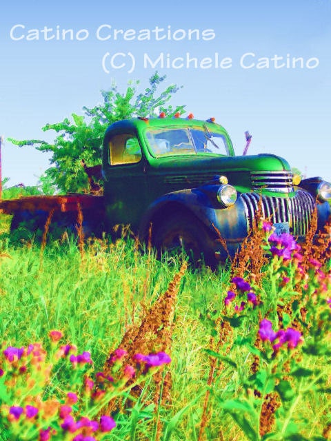 Chevy Truck  Vintage Green in a Field with Grasses, Magenta Flowers and Blue Sky. Signed "Watercolor" Photo artwork.