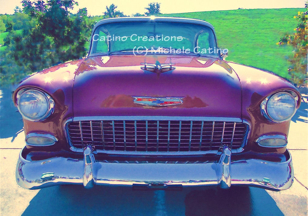 1955 Bel-Air Cranberry Red with Chrome Headlights and Hood Ornament. Vintage look. Signed "watercolor" Photo Artwork. - CatinoCreations