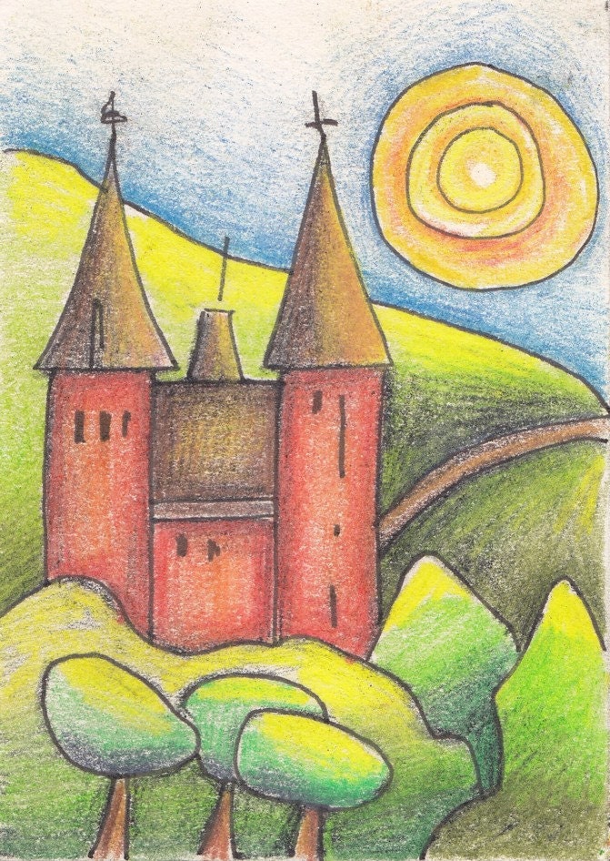 ACEO Fairytale Castle, Castle Coch original illustration of welsh landscape FREE ship to UK
