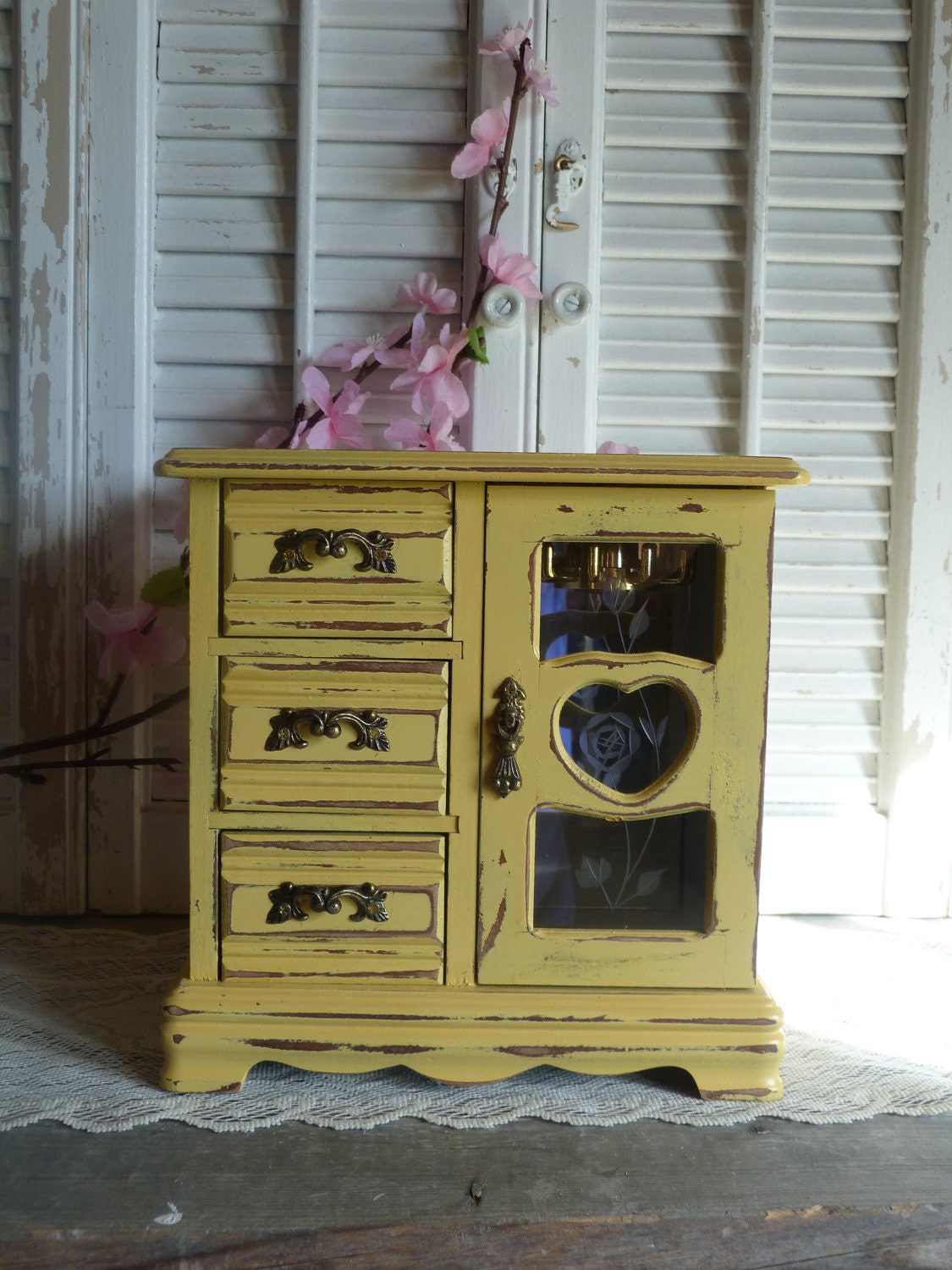 Upcycled Vintage Wooden Yellow Cottage Chic Farmhouse Style Jewelry Box Shabby and Chic Keepsake box