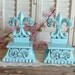 Cottage Chic Aqua Blue Fleur De Lis Bookends Set of 2 Upcycled Beach Decor Shabby and Chic Ornate Bookends Shelf Decor
