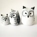 Owl Family- Clay Animal Totem - Winter White Snowy Owls - Set of 3 - Shades of White, Grey & Black - OOAK