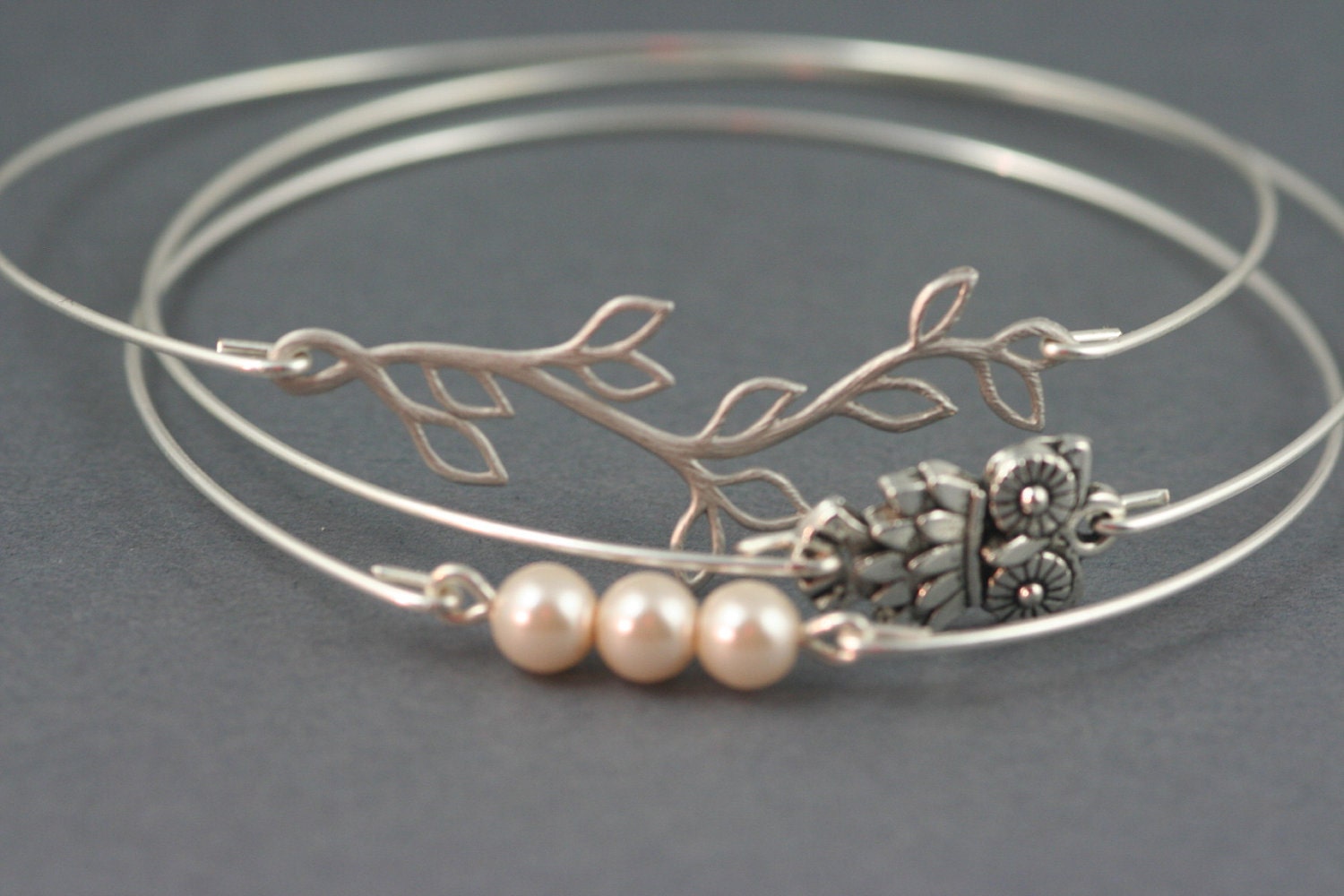 Silver Bracelet, Silver Bangle, Owl Bracelet , Pearl Bracelet, Branch Twig Bracelet, Stackable jewelry, Bird Bracelet, Wire Bangle