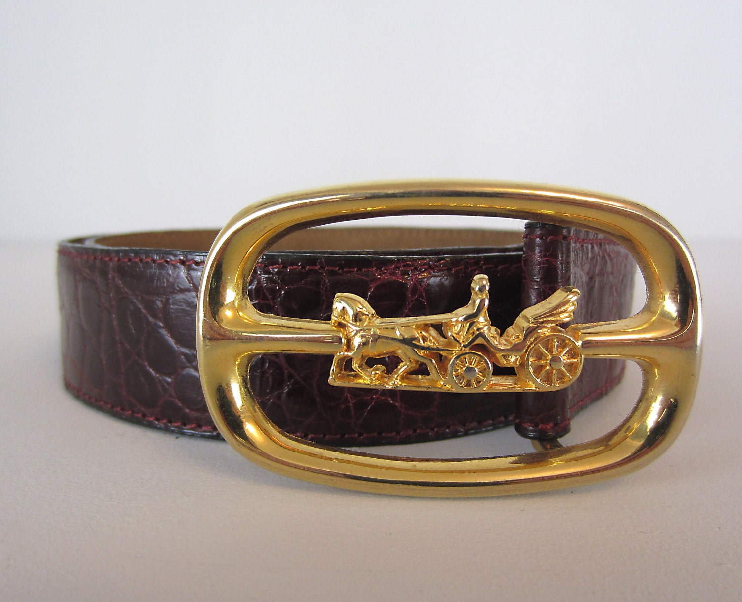 Vintage Belt. Crocodile Leather. Brass tone buckle. Horse and Carriage. French.