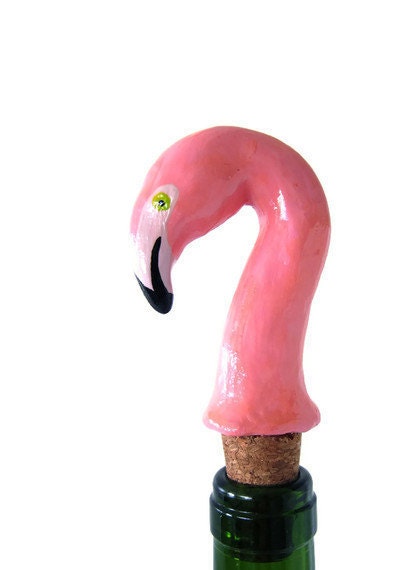 Flamingo wine bottle stopper - pink kitsch retro - hostess gift - handmade one of a kind - Mothers Day gift