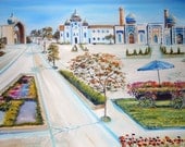 Central Asian Vacation, Uzbekistan, Russian Oil Painting, Flower Cart in Uzbekistan,  Dan Leasure Oil , 36 x 25.5 in. Framed