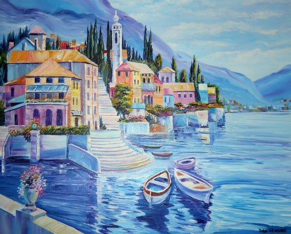 Lake Como, Italy, Blue Dreams Oil, Home Portrait, Lakeside Italy, Waterside Villa and Boats, Dan Leasure Oil