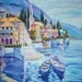 Lake Como, Italy, Blue Dreams Oil, Home Portrait, Lakeside Italy, Waterside Villa and Boats, Dan Leasure Oil