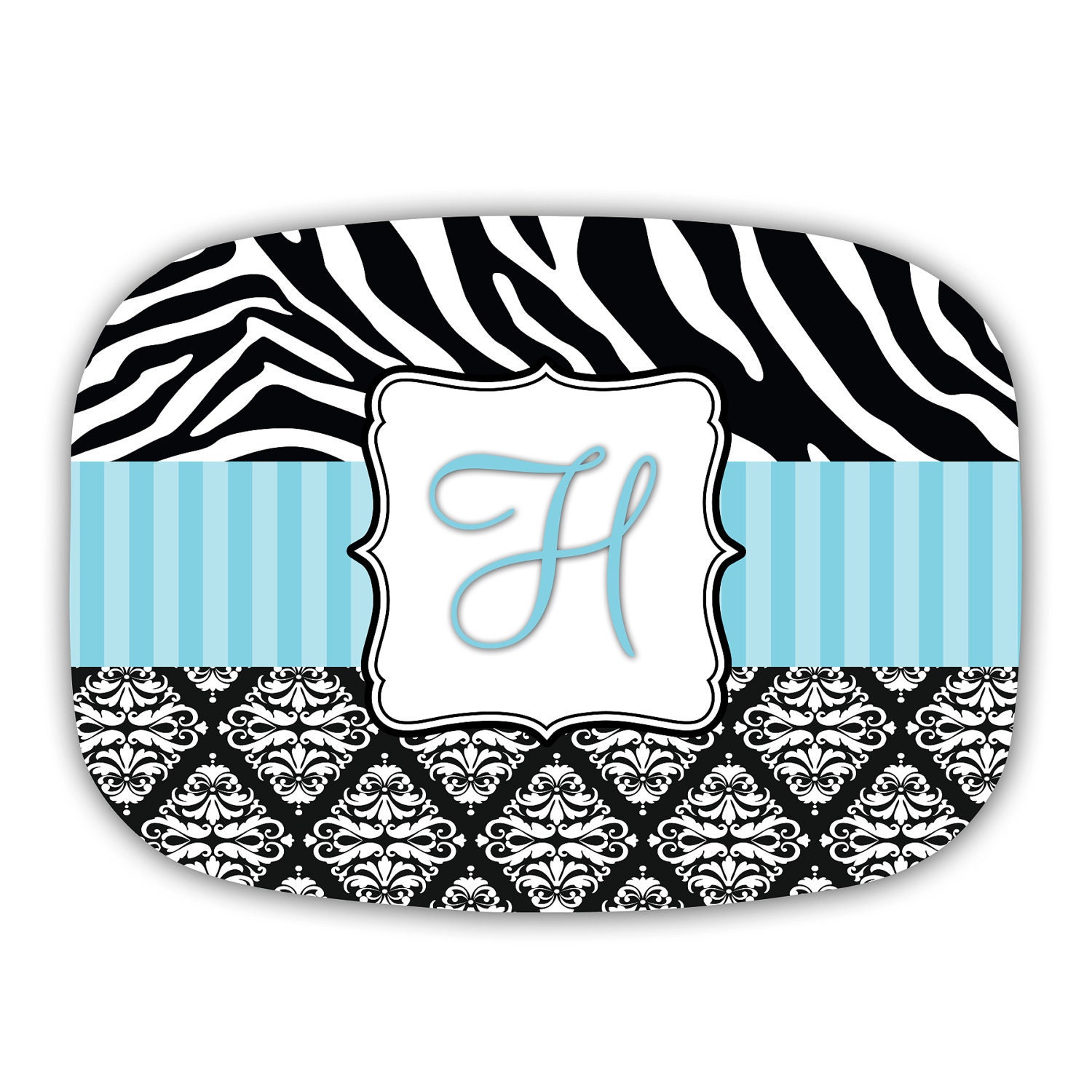 Personalized Light Blue Zebra Damask Initial Melamine Platter