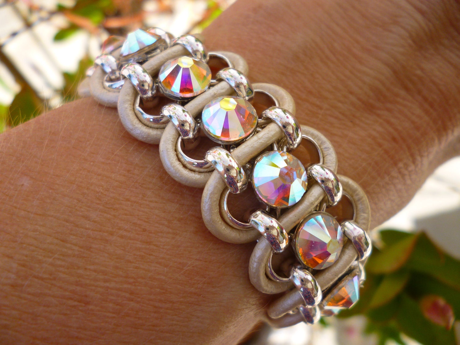 Crystal Cuff Bracelet Pearl White Leather and Swarovski AB Rhinestones Brides Bridesmaids Wedding Bling